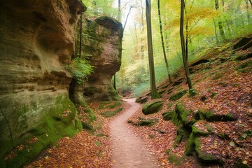 formations rock sandstone forest hiking Berdorf Echternach Luxembourg trail Mullerthal - obrazy, fototapety, plakaty