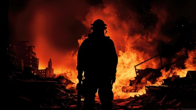 Illustration of a firefighter coming out of the fire smoke