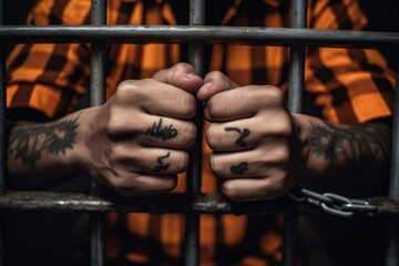 tattooed man behind bars, concept of criminals being in prison
