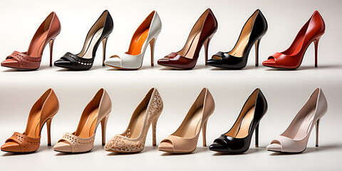 several women's high heel shoes in various sizes and designs, against a white background to evoke the idea of a diverse shoe collection. Chic and Trendy High Heel Shoe Collection