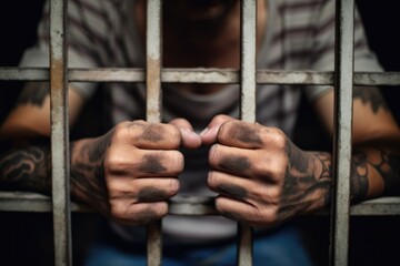 tattooed man behind bars, concept of criminals being in prison - obrazy, fototapety, plakaty