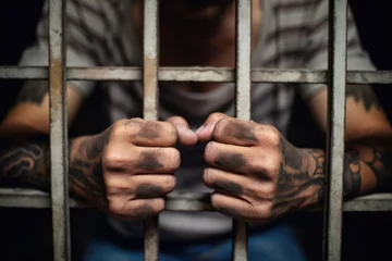 Fotobehang tattooed man behind bars, concept of criminals being in prison © Instacraft.Studio