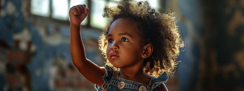 A young African American girl with a raised fist, symbolizing empowerment and civil rights, related to Black History Month.