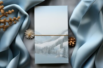 Winter Serenity: Snow-Covered Trees and Mountains with Elegant Satin Fabric