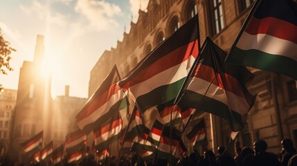 Palestinians participating in a protest demonstration while holding flags - obrazy, fototapety, plakaty
