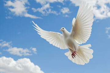 White dove flies into the blue sky