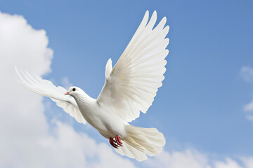White dove flies into the blue sky