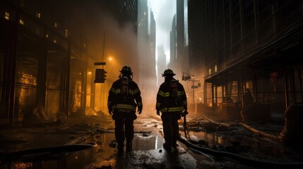 Illustration of a firefighter coming out of the fire smoke