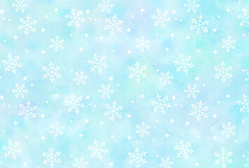 Fototapeta na wymiar 雪の結晶　水彩の背景素材　キラキラ柄　雪景色　冬景色　寒中お見舞い