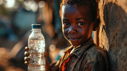 African boy holds a bottle of clean water in hand. Water for life. The problem of clean water in Arican countries