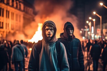 Men stand during a riotous demonstration - obrazy, fototapety, plakaty