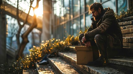 A man lost his home and lost work, became bankrupt, sits sad on the street among cardboard boxes with things - obrazy, fototapety, plakaty