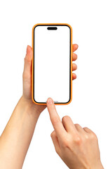 Mobile phone screen mockup in hand isolated on white background transparent png