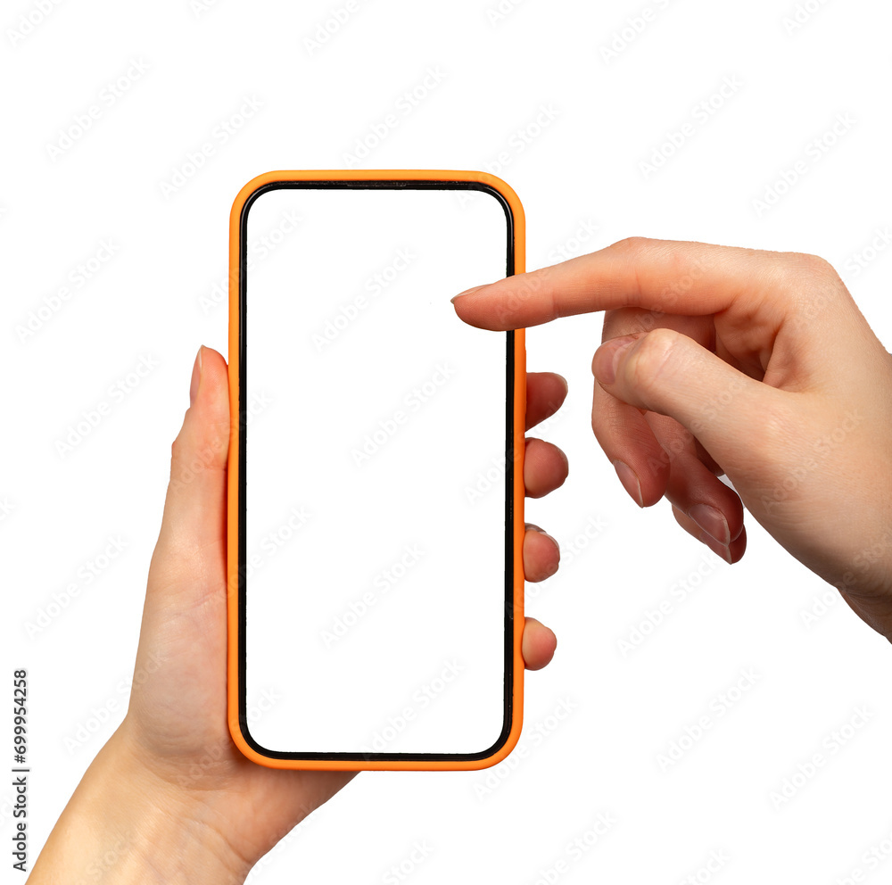 Aufkleber scrolling mobile phone screen mockup with finger. smartphone mock up in hand isolated on white