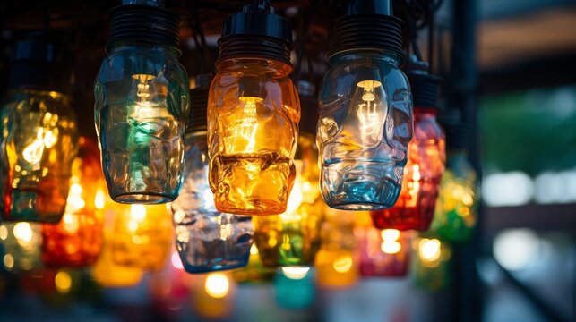 Unique upcycled object a lamp made from old bottles, promoting creativity and sustainability