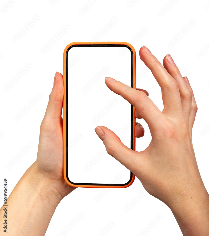 Aufkleber mobile phone screen mockup in hand. fingers enlarging blank display isolated on white background