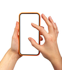 Mobile phone screen mockup in hand. Fingers enlarging blank display isolated on white background