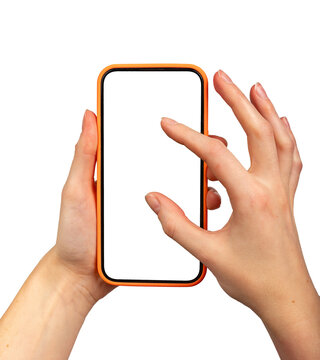 Mobile phone screen mockup in hand. Fingers enlarging blank display isolated on white background