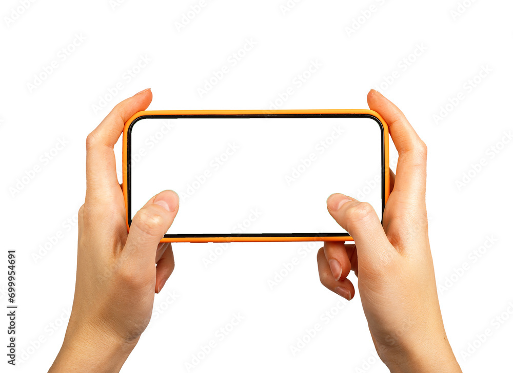 Poster mobile phone screen mock up in hand isolated on white. smartphone mockup for playing game