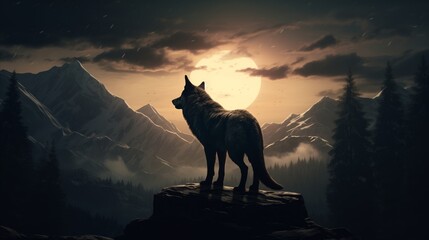 Lone wolf howls at the full moon, silhouetted against a breathtaking mountain vista