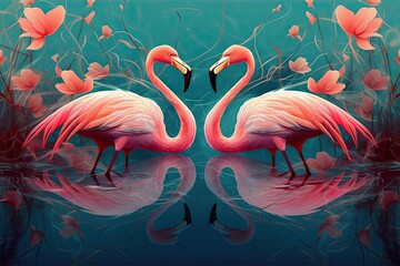 lake standing feathers pink colorful birds tropical flamingos Illustration