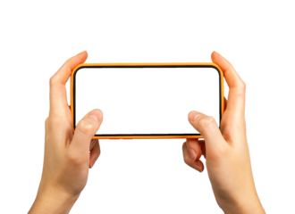 Mobile phone screen mock up in hand isolated on white. Smartphone mockup for playing game