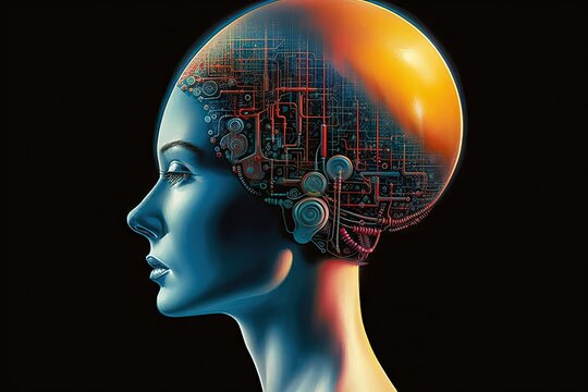 concept science woman robot alien machine futuristic brain big head intelligence artificial Illustration