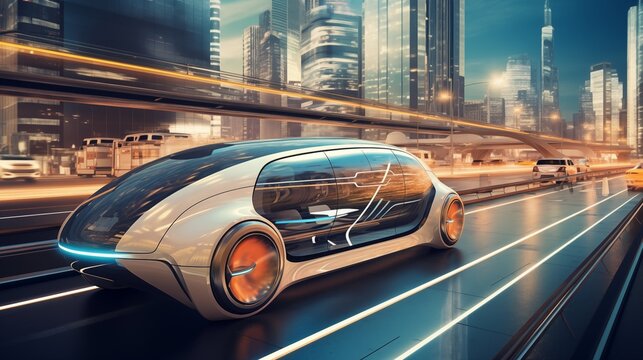 Self-driving car navigating a futuristic cityscape, its streamlined design hinting at the future of transportation