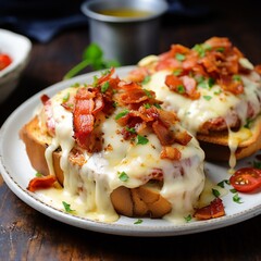 Kentucky Hot Brown, open sandwiches with ham, mornay sauce, cheddar cheese, topped with fried slices of bacon and grilled cherry tomatoes on plate on dark wooden table, close-up