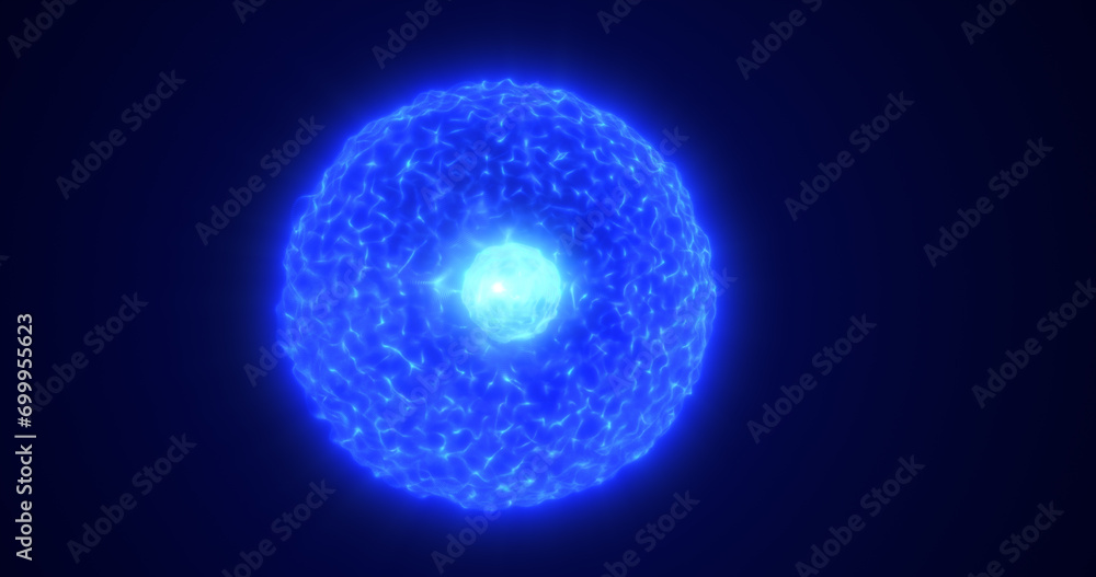Poster abstract glowing looped light energy blue sphere atom from lines of wave dots and particles abstract