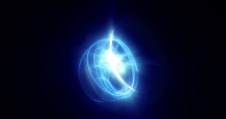 Abstract blue rings spheres from energy magic waves of smoke circles and glowing lines on a black background