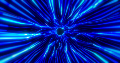 Beautiful abstract blue tunnel made of futuristic digital stripes and lines glowing with bright magic energy on a black space background. Abstract background