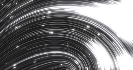Abstract energy black and white swirling curved lines of glowing magical streaks and energy particles background