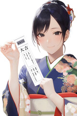 おみくじを持っている青い振袖を着た女性