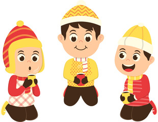 Three Little Kids Drinking Hot Milk With Happy Expression