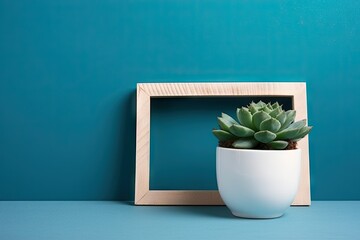 pictures text space copy background wall blue pot cactus frame wooden mock poster interior Home