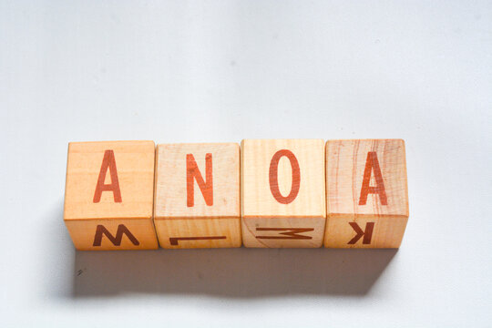 Wooden blocks make up the word "ANOA" in English. Wooden block object