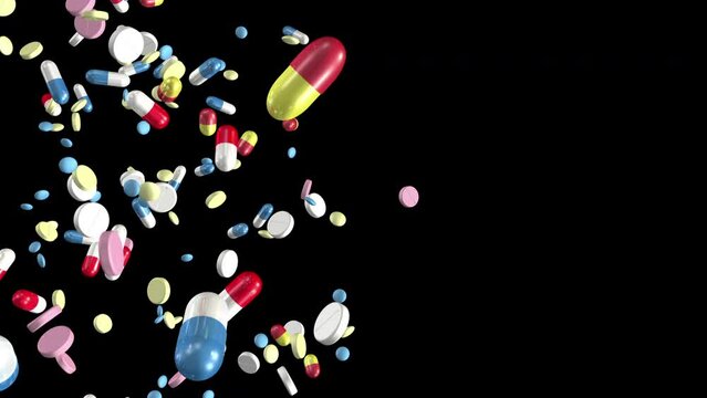 Pills and capsules falling loop, with luma matte and copy space. Medicine, medical, pharmaceuticals.