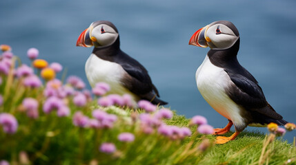 Two Atlantic puffins (Fratercula arctica) sitting on green grass with pink flowers. AI Generative - obrazy, fototapety, plakaty