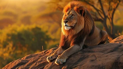 A Majestic Proud Lion King on the Savannah sitting regally on a Rock Wallpaper - Warm Light of the Setting Sun Highlighting its Mane - Lion Wildlife Background created with Generative AI Technology © Animals Creator