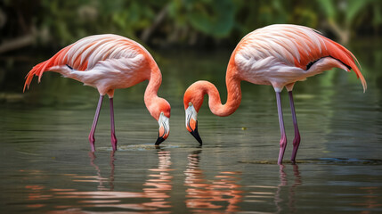 Two pink flamingos are searching feed in the water. AI Generative