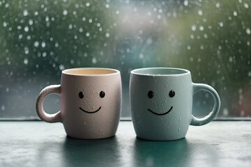 concept friendship relationship support day rainy coffee cup cuddle sill window couple mug face similing Happy