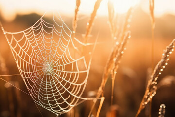 Macro sunlight wet spider background dew morning nature closeup net web spiderweb shine autumn