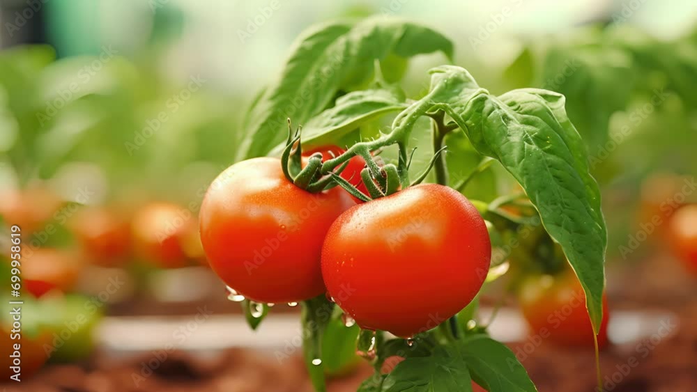 Poster a closeup of a genetically modified tomato, bred to thrive in harsh conditions and increase yields i