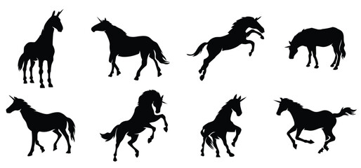 unicorn horses black vector silhouette set

