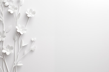 White background with paper cut style white flowers with space for text.