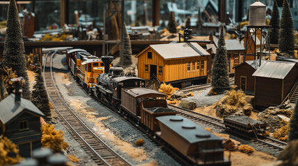 A diorama toy model depicting a train passing by a quaint town with a prominent water tower.
