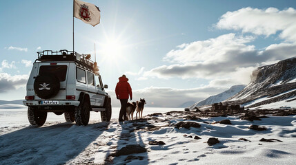 Two strong man with red expedition uniform holding siberian husky,stand aside mercedes g65,Hills with thick snow - obrazy, fototapety, plakaty