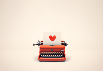 Red vintage typewriter on pink background. St. Valentine concept. Banner with copy space.