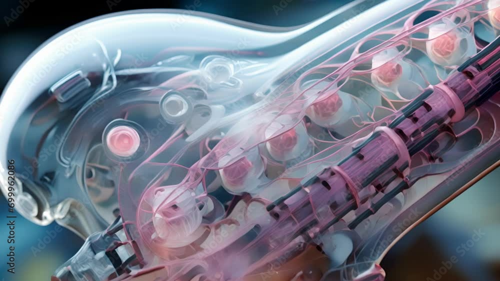 Poster a detailed closeup of a custombuilt biohybrid robot, with its intricate network of living cells and 